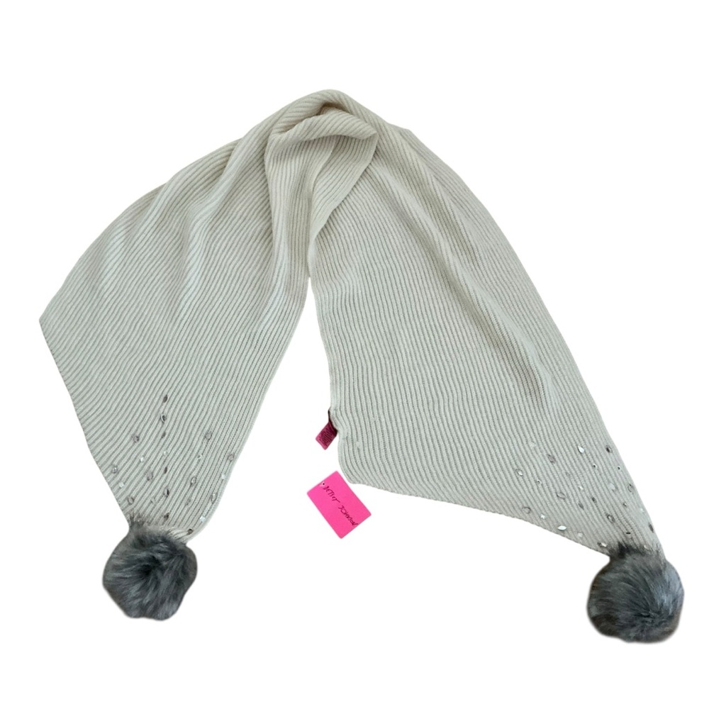 Betsey Johnson knit scarf beige with grey faux fur pom Pom & jewel details